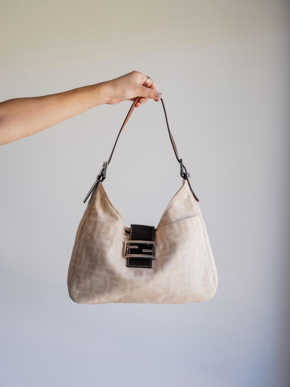 FENDI IVORY ZUCCHINO FF HOBO BAG